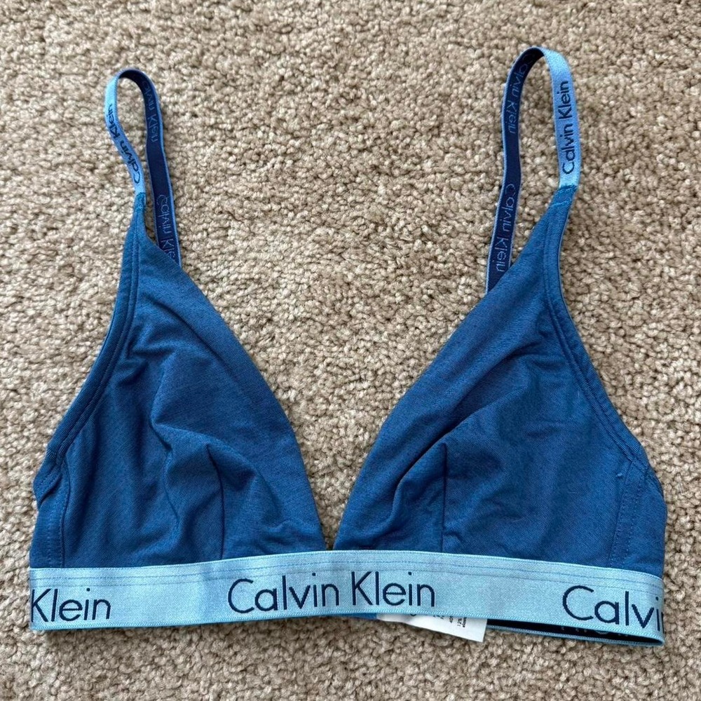 Calvin Klein Blue Modern Cotton Triangle Bralette Logo Bra Womens Size Small